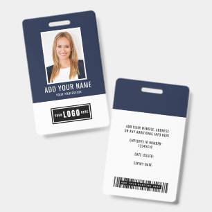 Blue Modern Monogram Logo Employee Photo Barcode Badge