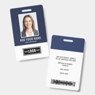Blue Modern Monogram Logo Employee Photo Barcode Badge