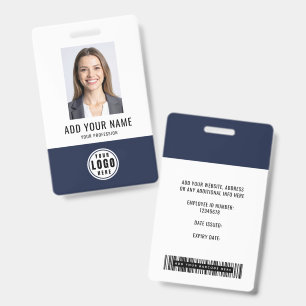Blue Modern Monogram Logo Employee Photo Barcode Badge