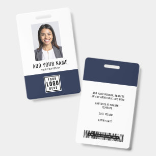 Blue Modern Monogram Logo Employee Photo Barcode Badge