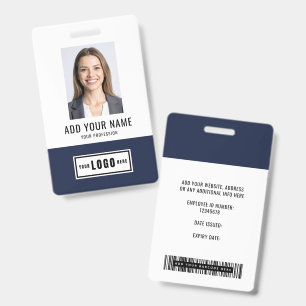 Blue Modern Monogram Logo Employee Photo Barcode Badge