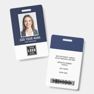 Blue Modern Monogram Logo Employee Photo Barcode Badge