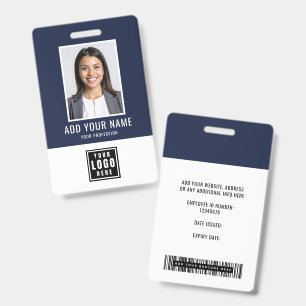 Blue Modern Monogram Logo Employee Photo Barcode Badge