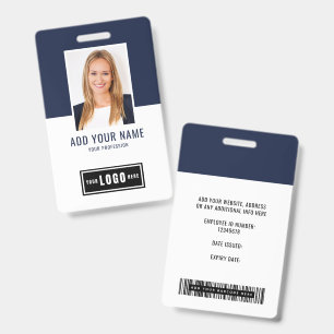 Blue Modern Monogram Logo Employee Photo Barcode Badge