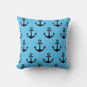 Blue Modern Nautical Black Anchor Pattern Throw Pillow