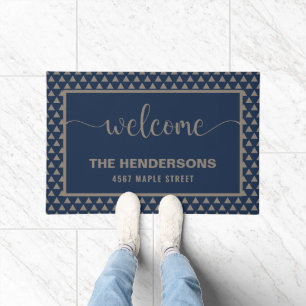 Blue Modern Personalized Family Name Welcome Doormat