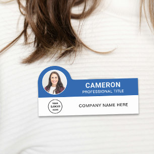 Blue Modern Photo Company Logo Employee Name Tag
