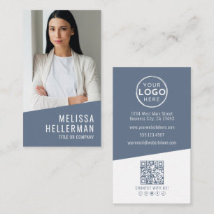 Blue Modern Photo QR Code Logo Vertical Business Card