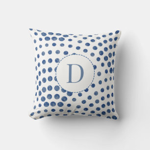 Blue Modern Polka Dots Monogram Throw Pillow