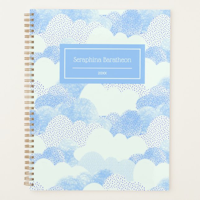 Blue Modern Rain Clouds Personalized Name Planner (Front)
