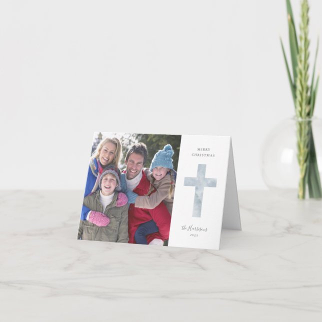 Blue Modern Religious Cross Christmas Photo Card (Front)