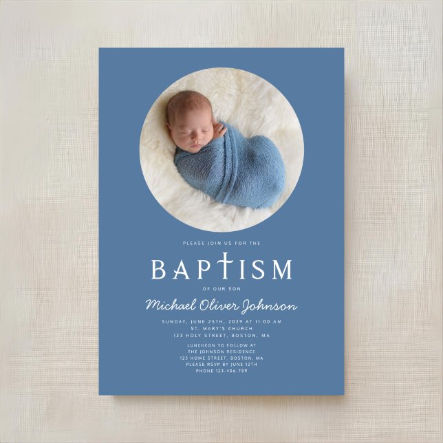 Blue Modern Religious Cross Photo Boy Baptism Invitation (Dusty Blue Modern Boy Photo Baptism Invitation)