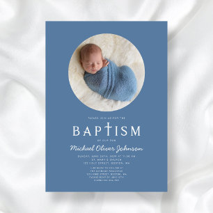 Blue Modern Religious Cross Photo Boy Baptism Invitation