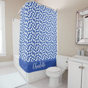 Blue modern retro swirl chequered custom name
