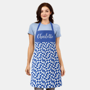 Blue modern retro swirl chequered custom name apron