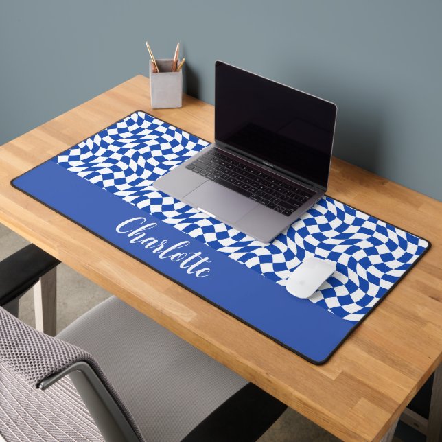 Blue modern retro swirl chequered custom name desk mat (Office 2)