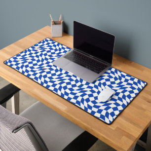 Blue modern retro swirl chequered desk mat