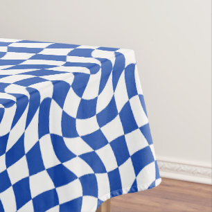 Blue modern retro swirl chequered tablecloth