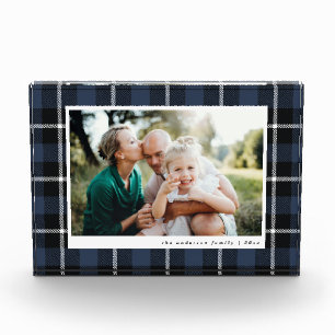 Blue modern rustic tartan check family photo