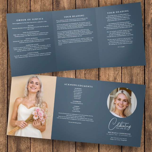 Blue Modern Script Funeral/Memorial Service Tri-Fold Programme (Creator Uploaded)