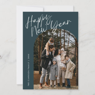 Blue Modern Script Happy New Year Arch 2 Photo Holiday Card