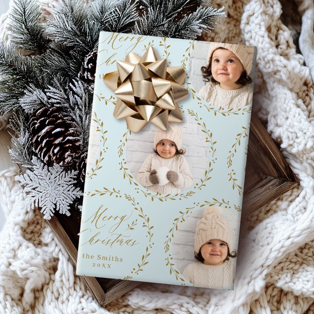 Blue Modern Script Merry Christmas Family 6 photo Wrapping Paper (Blue Modern Script Merry Christmas Family 6 photo Wrapping Paper)