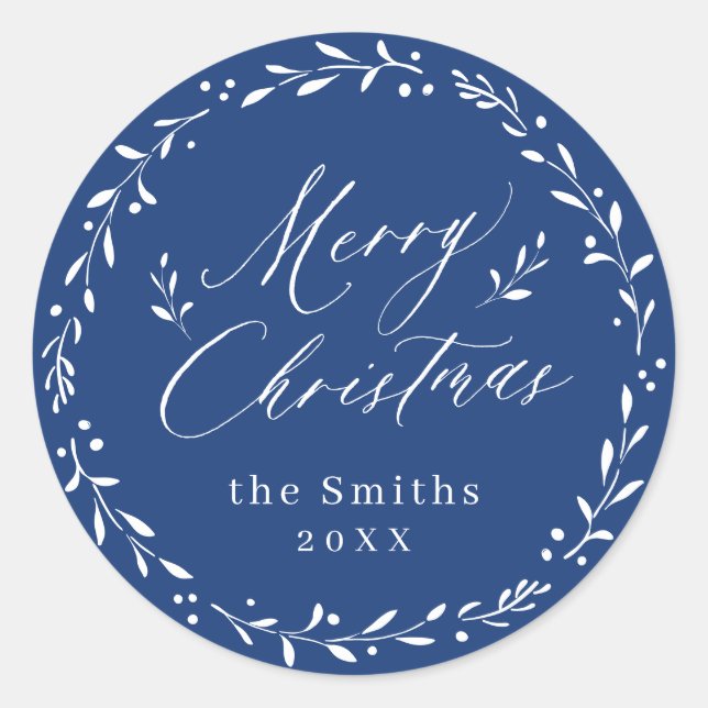 Blue Modern script Merry Christmas Holiday Gift Classic Round Sticker (Front)