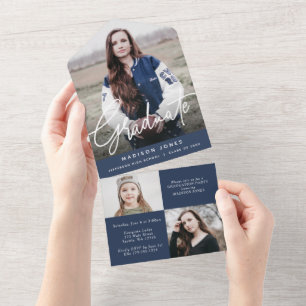 Blue Modern Script Photo Graduation Party All In One Invitation