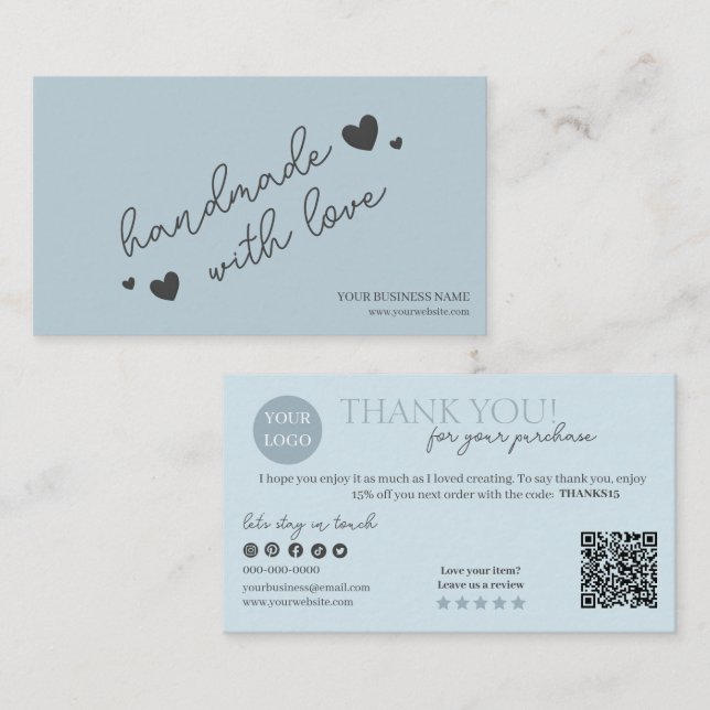 Blue Modern Script QR Code, Thank You Candle Business Card (Front/Back)
