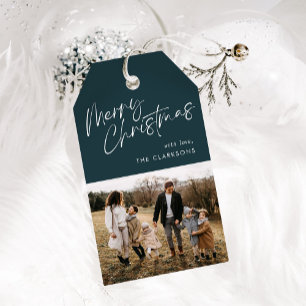 Blue Modern Simple Script Photo Merry Christmas Gift Tags