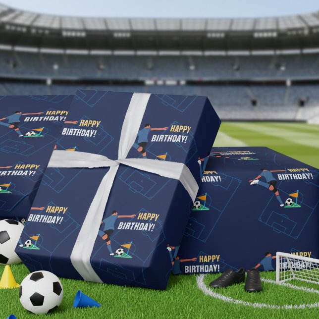 Blue Modern Soccer Happy Birthday Party Wrapping Paper (Creator Uploaded)