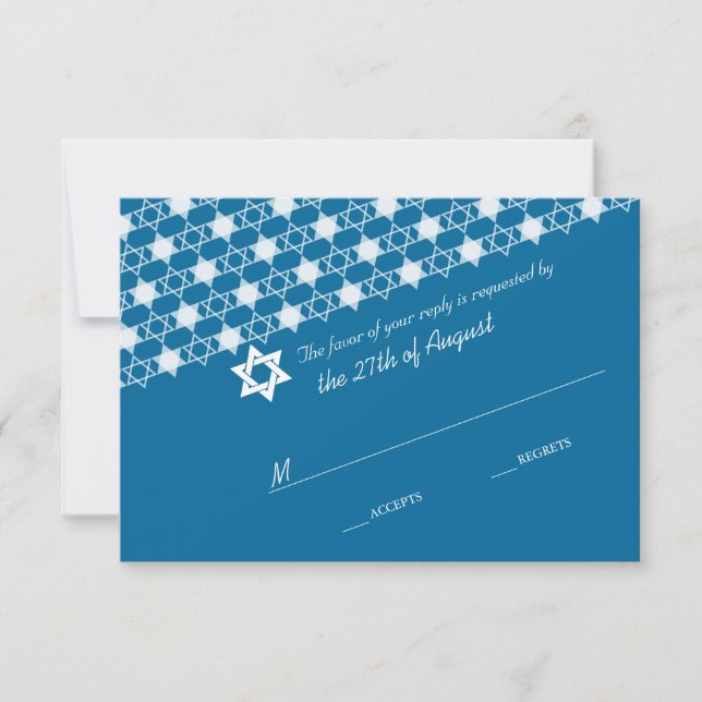 Blue Modern Stars Of David Bar Mitzvah RSVP Card (Front)