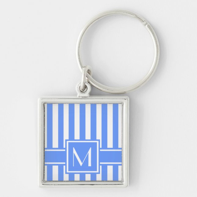 Blue Modern Stripe with Monogram Keychain (Front)