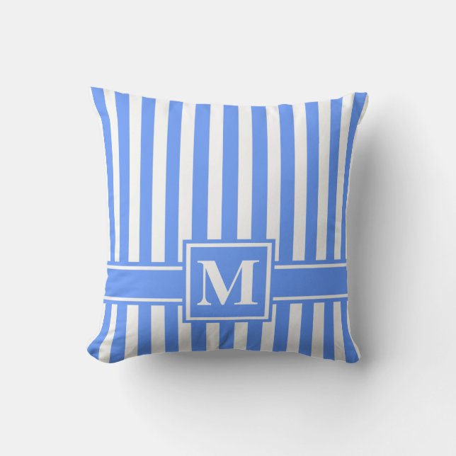 Blue Modern Stripe with Monogram Throw Pillow (Front)