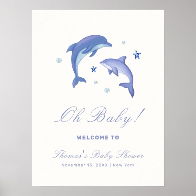 Blue Modern Summer Dolphin Baby Shower Welcome  Poster (Front)