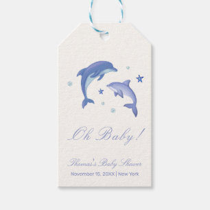 Blue Modern Summer Dolphin Stars Baby Shower Gift Tags