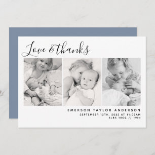 Blue Modern Three Photos New Baby  Thank You Card
