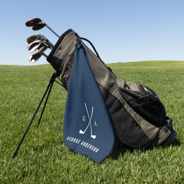 Blue modern typography initials monogram elegant golf towel (Green)