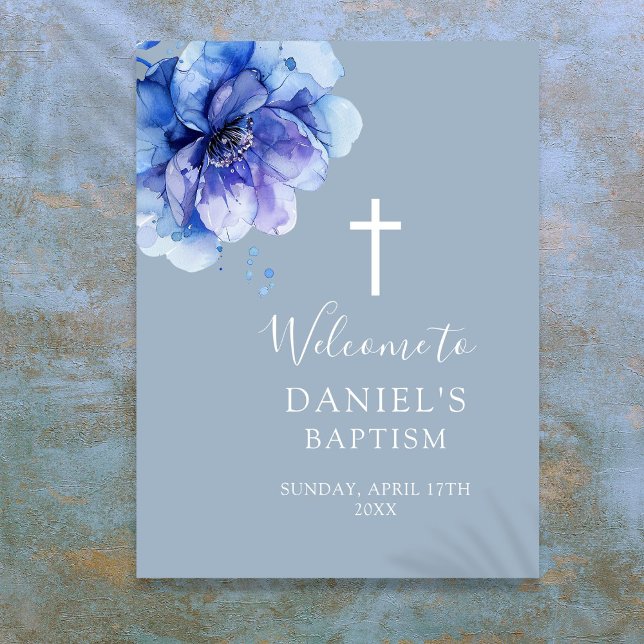 Blue Modern Watercolor Floral Baptism Welcome Sign (Blue Modern Watercolor Floral Baptism Welcome Sign)