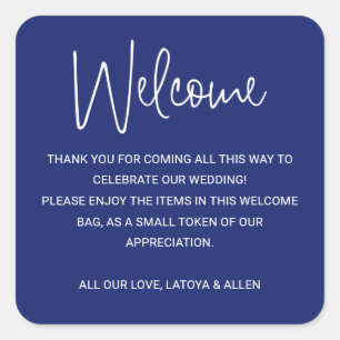 Blue Modern Wedding Welcome Gift Bag Basket Square Sticker