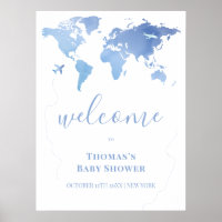 Blue Modern World Map Travel Baby Shower Welcome