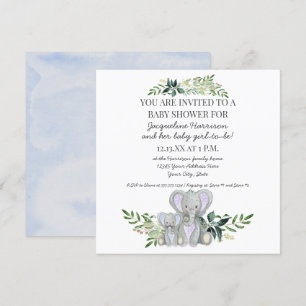 Blue Mommy n Baby Elephant w Foliage Boy Shower Invitation