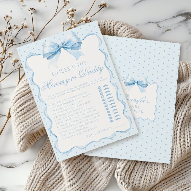Blue mommy or daddy bow baby boy shower game invitation (Creator Uploaded)