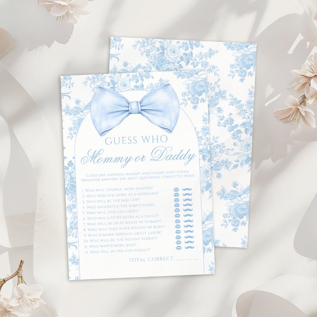 Blue Mommy or Daddy Bow Tie Toile Baby Shower Game Invitation (Creator Uploaded)