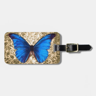 Blue Monarch butterfly damask Vintage art Luggage Tag