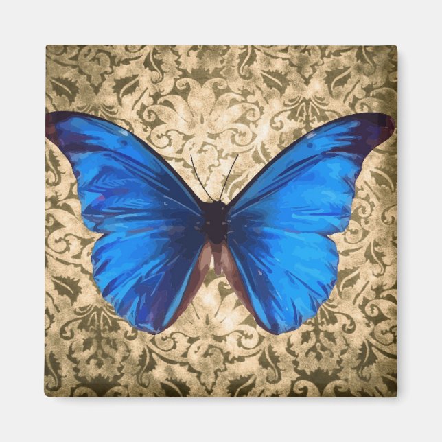Blue Monarch butterfly damask vintage art Magnet (Front)