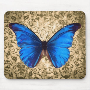 Blue Monarch butterfly damask Vintage art Mouse Pad