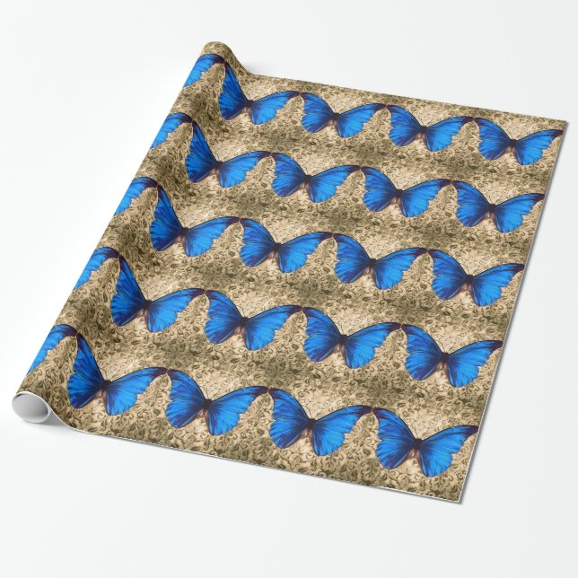 Blue Monarch butterfly damask Vintage art Wrapping Paper (Unrolled)