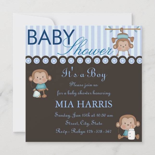 Blue Monkey Design Baby Shower Invitation (Front)