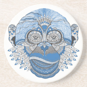 Blue Monkey Face with Pattern and Feathers Coaster